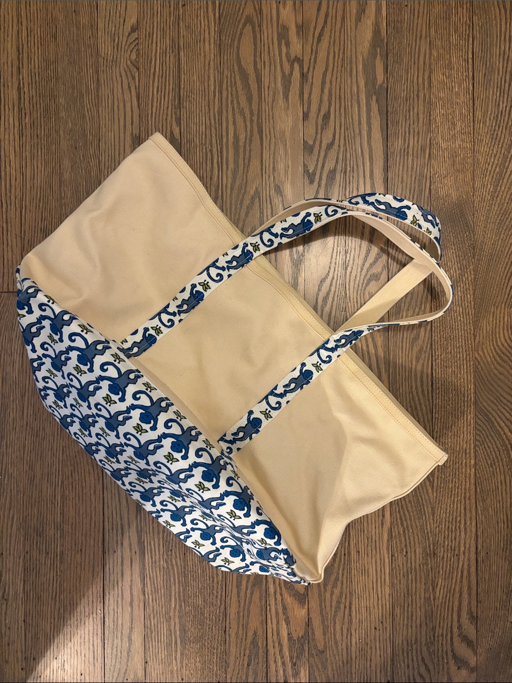 Roller Rabbit Cream Canvas Tote with Blue Floral Trim